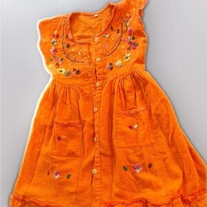 Artisanal Girl's Dress Orange with embroidered flowers